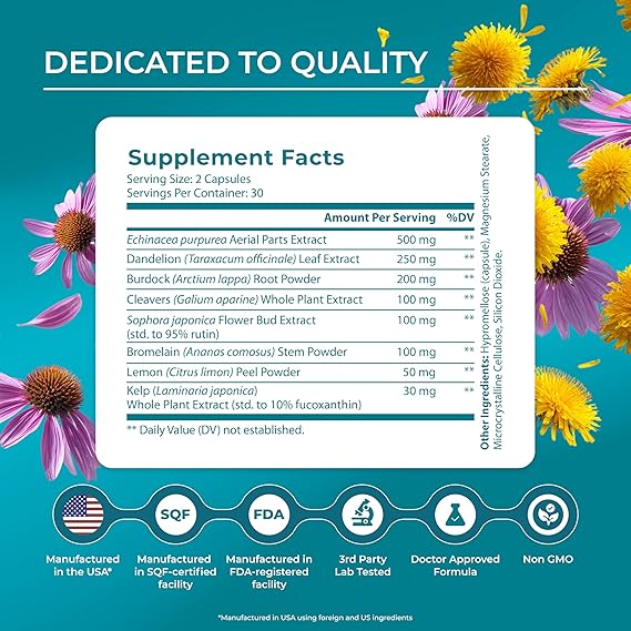 PUREHEALTH RESEARCH Lymph System Support – Lymphatic Drainage Supplement for Women & Men (60 Capsules)