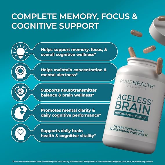 PUREHEALTH RESEARCH Ageless Brain – Memory & Focus Nootropic Supplement (60 Capsules)