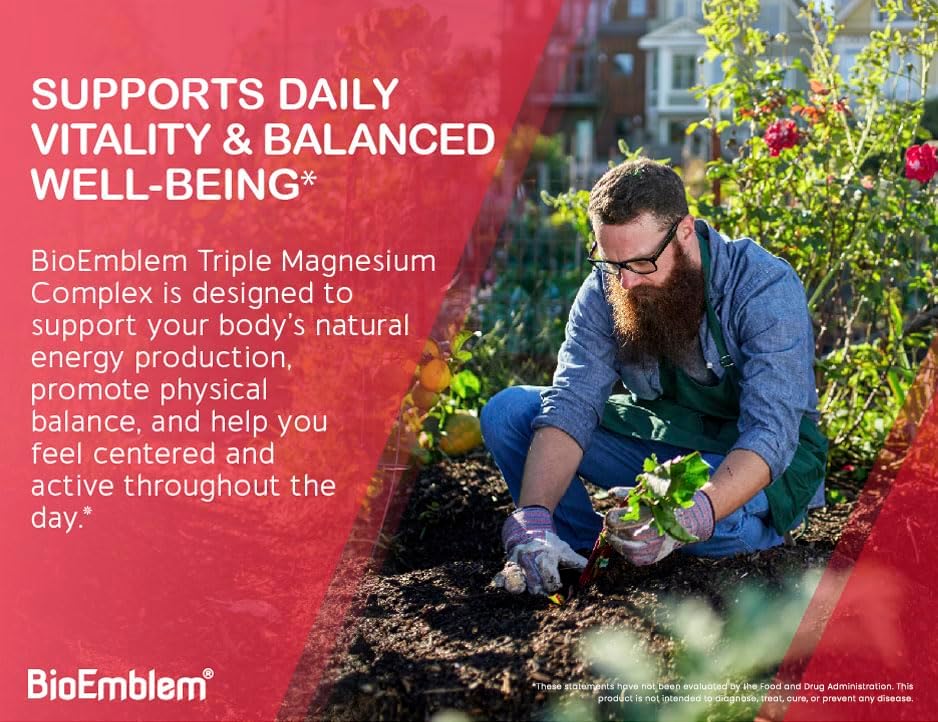 Person gardening with promotional text about BioEmblem Triple Magnesium Complex on a red background