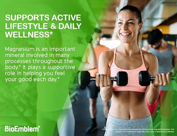 Woman exercising with dumbbells in a gym setting, with promotional text about magnesium and BioEmblem branding.