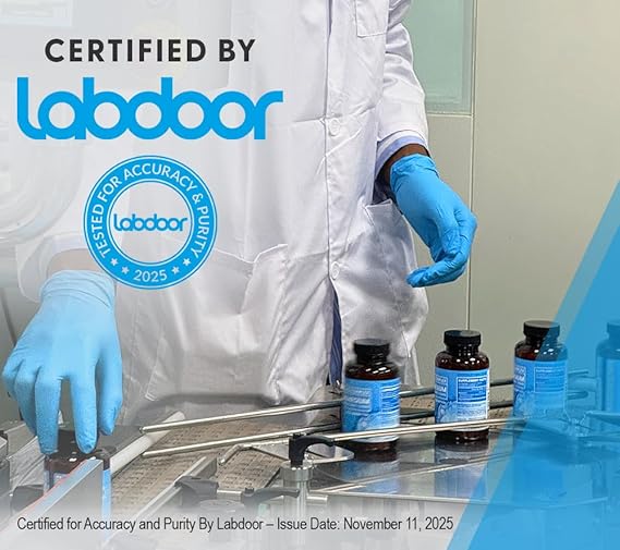 Person in a lab coat and gloves handling vials with Labdoor certification logo.