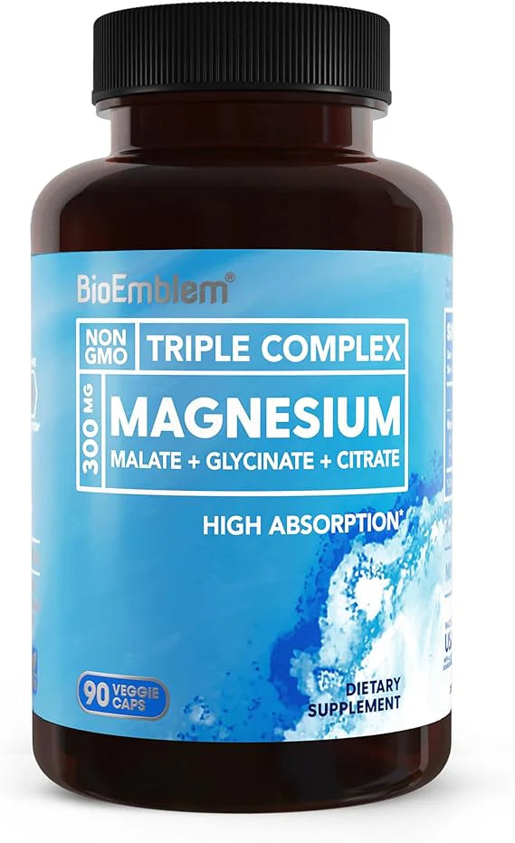 Supplement bottle labeled 'Triple Complex Magnesium' by BioEmblem on a white background