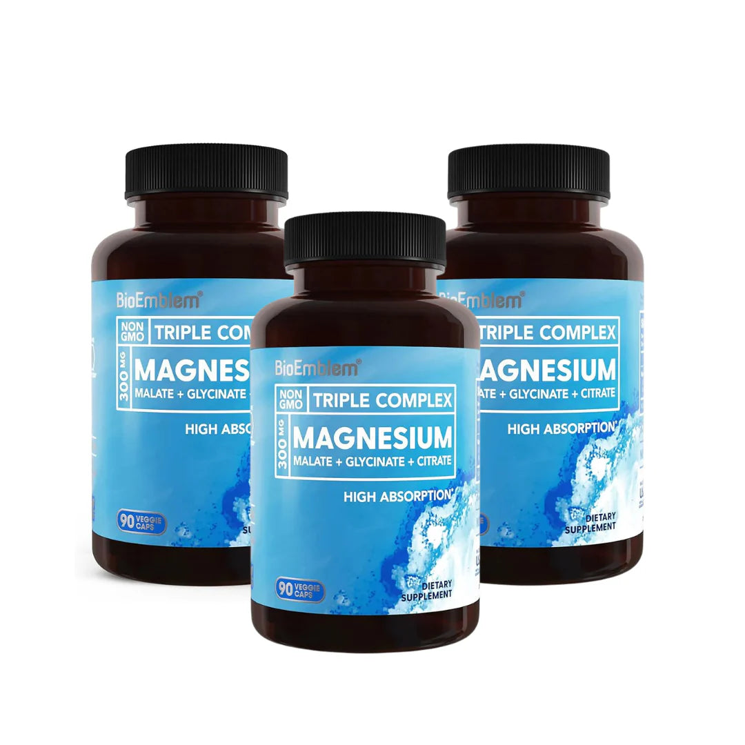 Three bottles of Bio Fortress Magnesium Triple Complex on a white background
