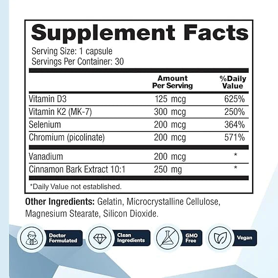 Supplement facts label with detailed nutritional information on a light blue background