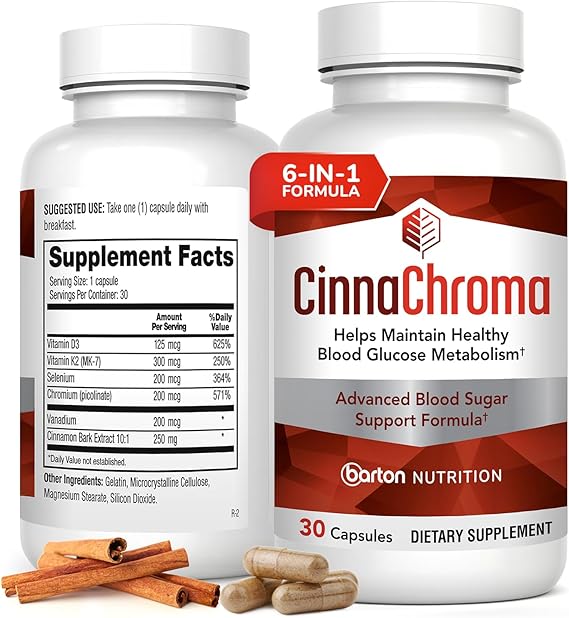 Two bottles of CinnaChroma dietary supplements with cinnamon sticks on a white background