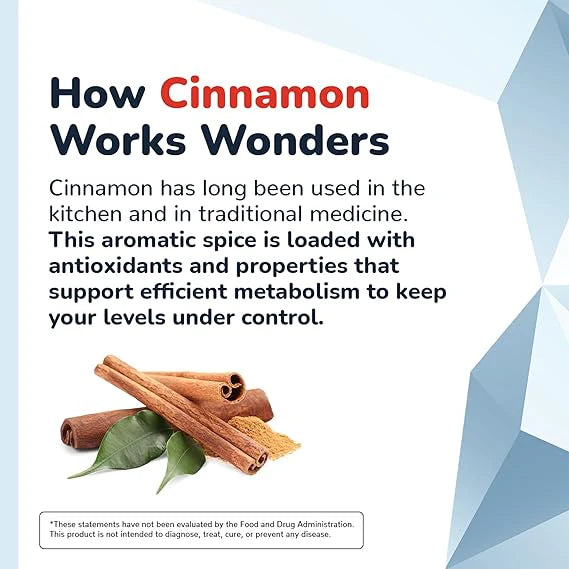 Promotional graphic about cinnamon with text and cinnamon sticks on a light blue background