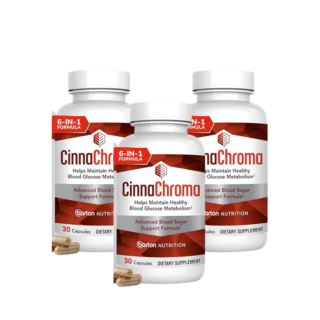Three bottles of CinnaChrome dietary supplements on a white background