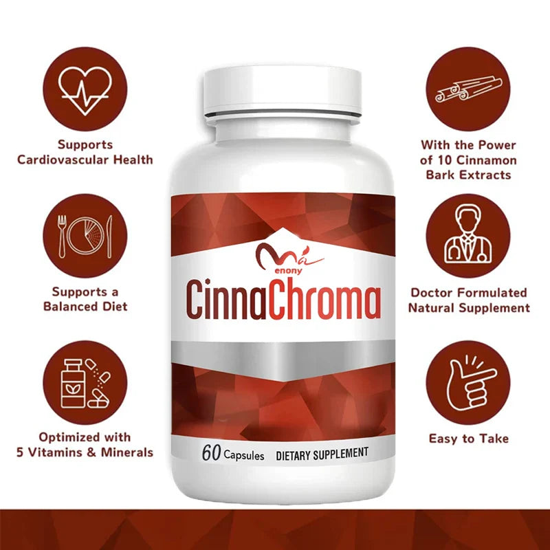 CinnaChroma dietary supplement bottle with features listed on a white background