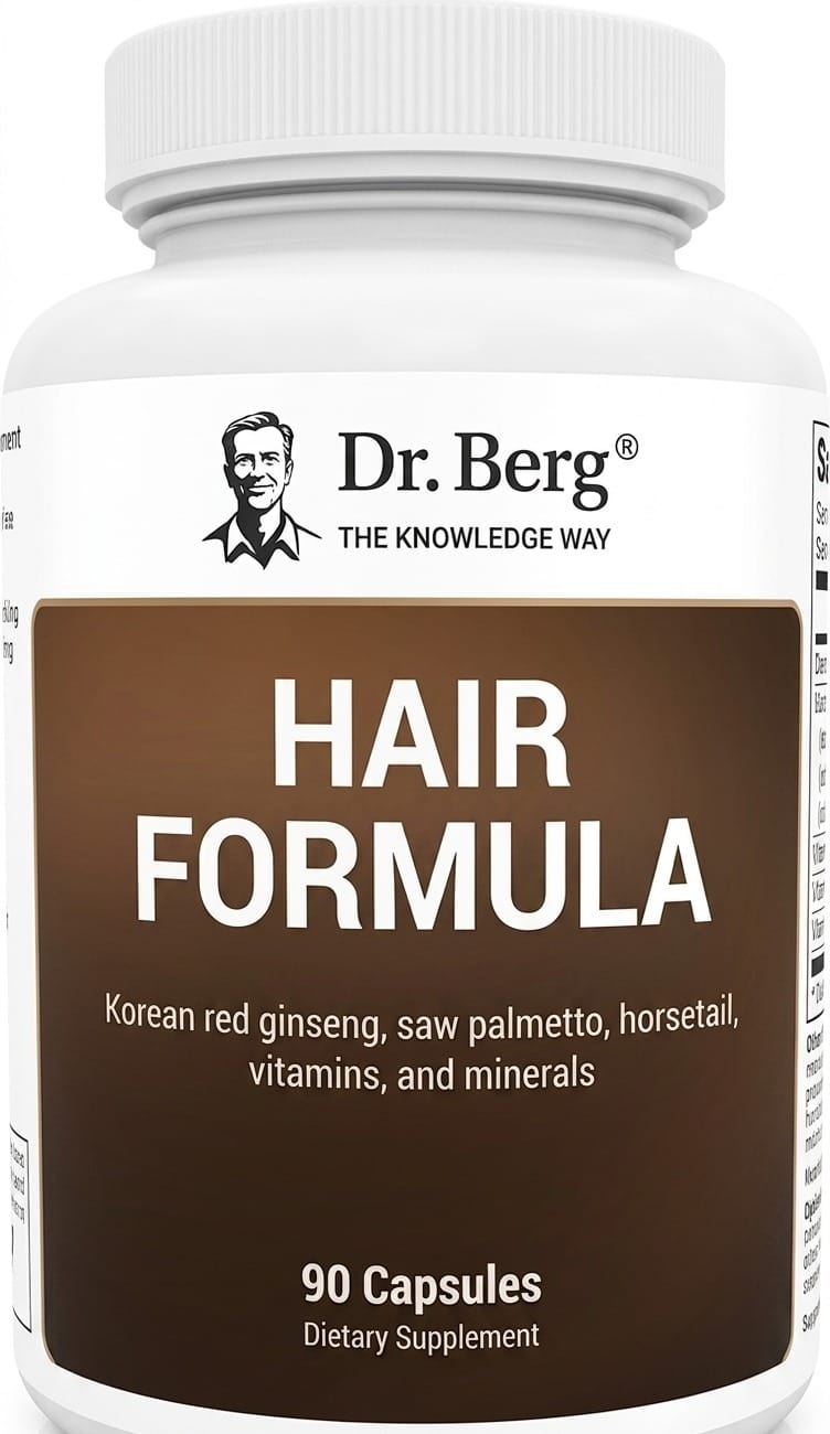 Dr. Berg Hair Formula supplement bottle with white and brown design