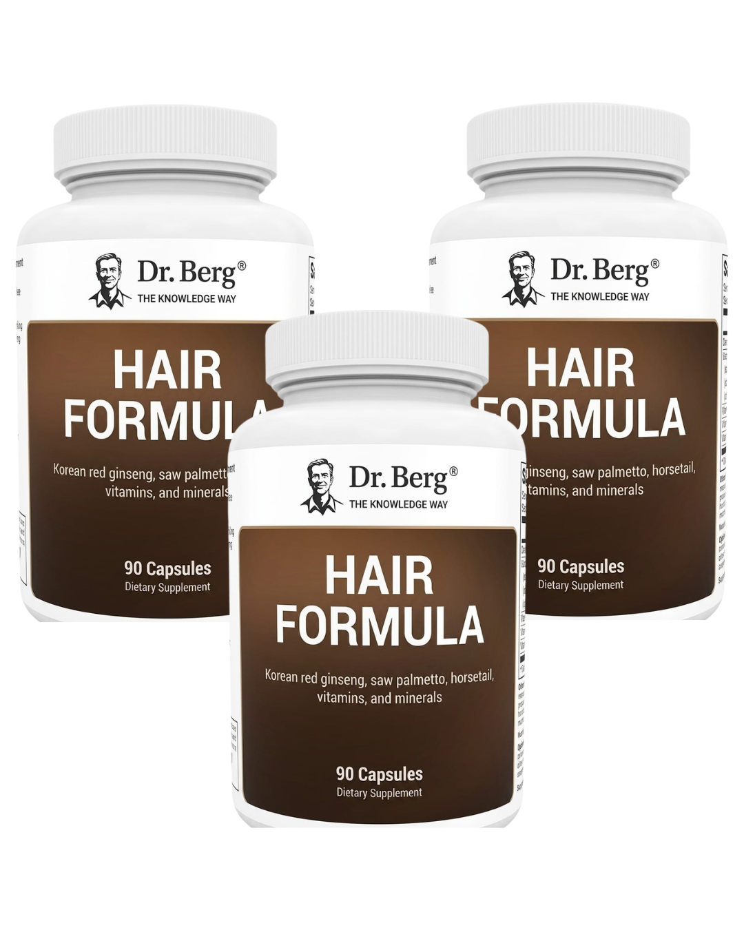 Three bottles of Dr. Berg Hair Formula on a white background