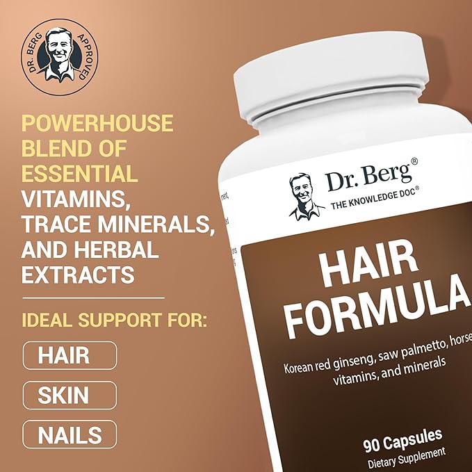 Dr. Berg Hair Formula supplement bottle with text on a brown background