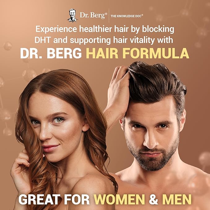 Advertisement for Dr. Berg Hair Formula featuring a woman and a man with healthy hair on a brown background.