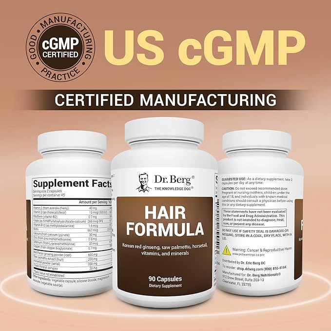 Dr. Berg Hair Formula supplement bottle with 'US cGMP Certified Manufacturing' text on a beige background