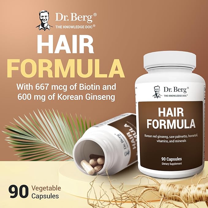 Dr. Berg Hair Formula supplement bottle with capsules and ginseng roots on a brown background