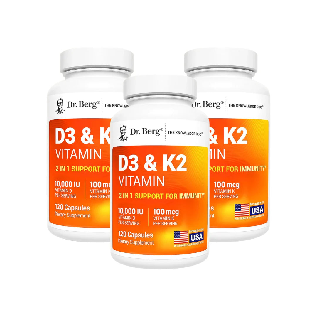 Three bottles of Dr. Berg D3 & K2 Vitamin supplements on a white background