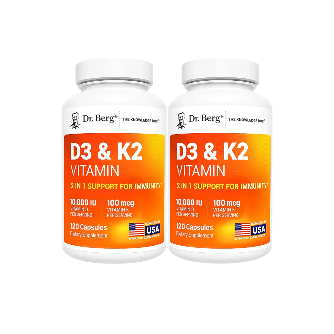 Two bottles of Dr. Berg D3 & K2 Vitamin supplements on a white background