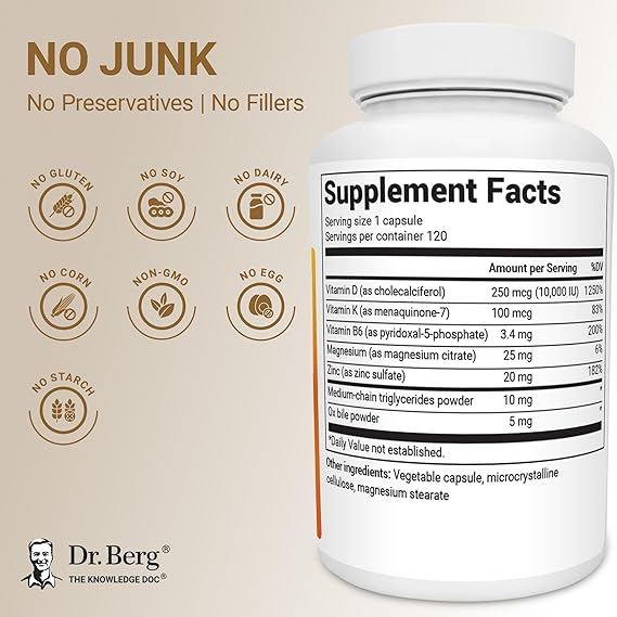 Supplement bottle with label and Dr. Berg logo on a beige background