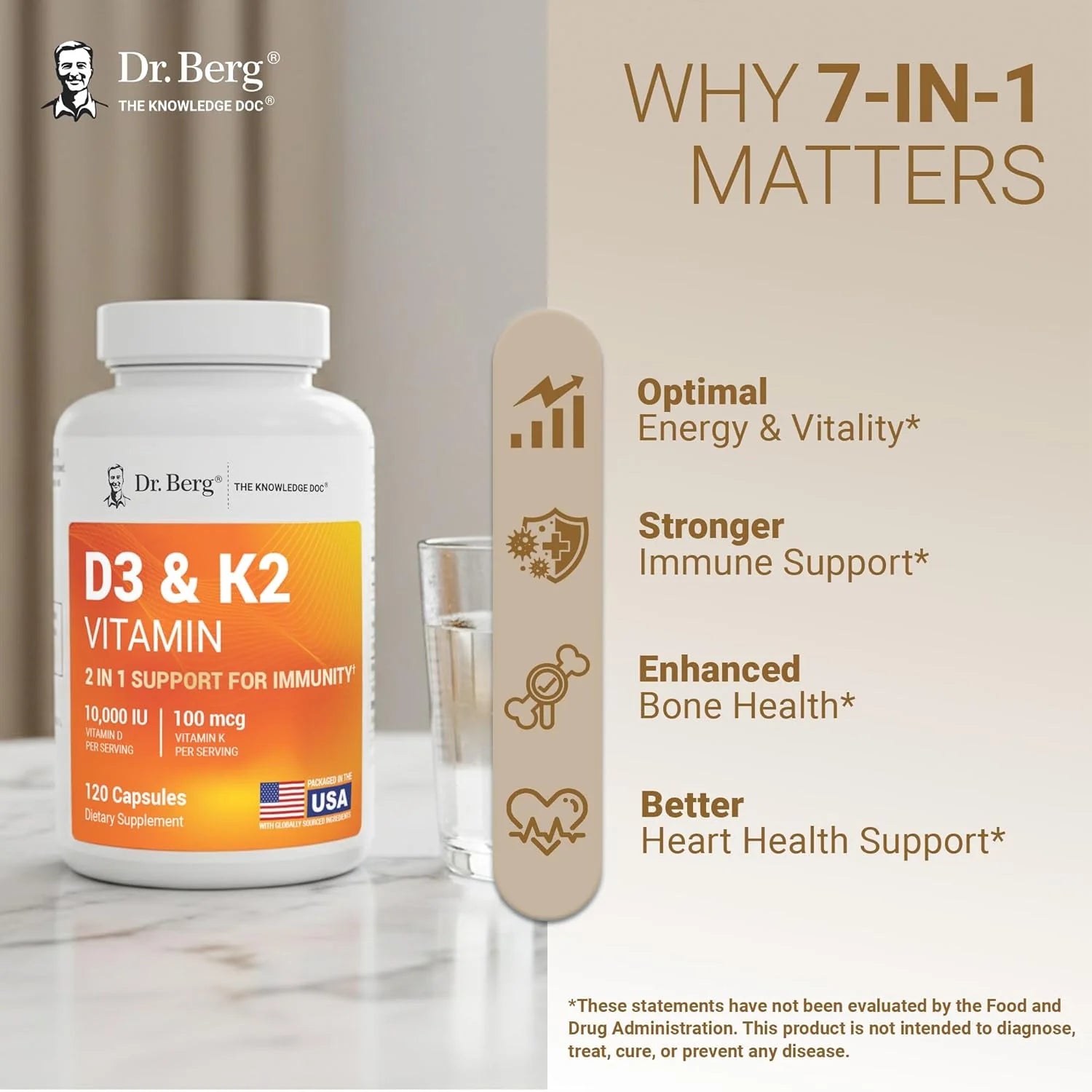 Dr. Berg D3 & K2 Vitamin supplement bottle with benefits listed on a neutral background