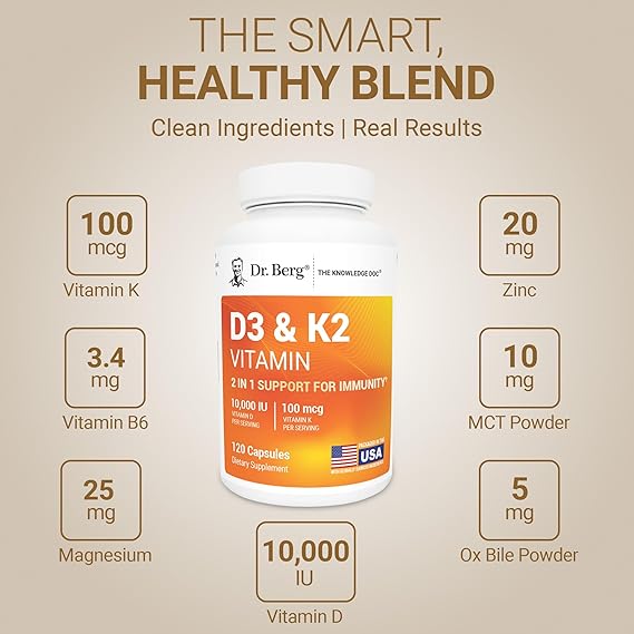 Dr. Berg D3 & K2 Vitamin supplement bottle with nutritional information on a beige background