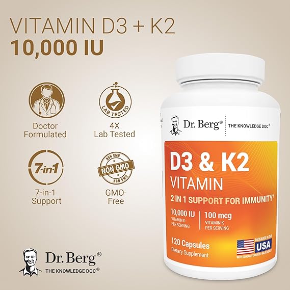 Dr. Berg D3 & K2 vitamin supplement bottle with branding and product details on a beige background