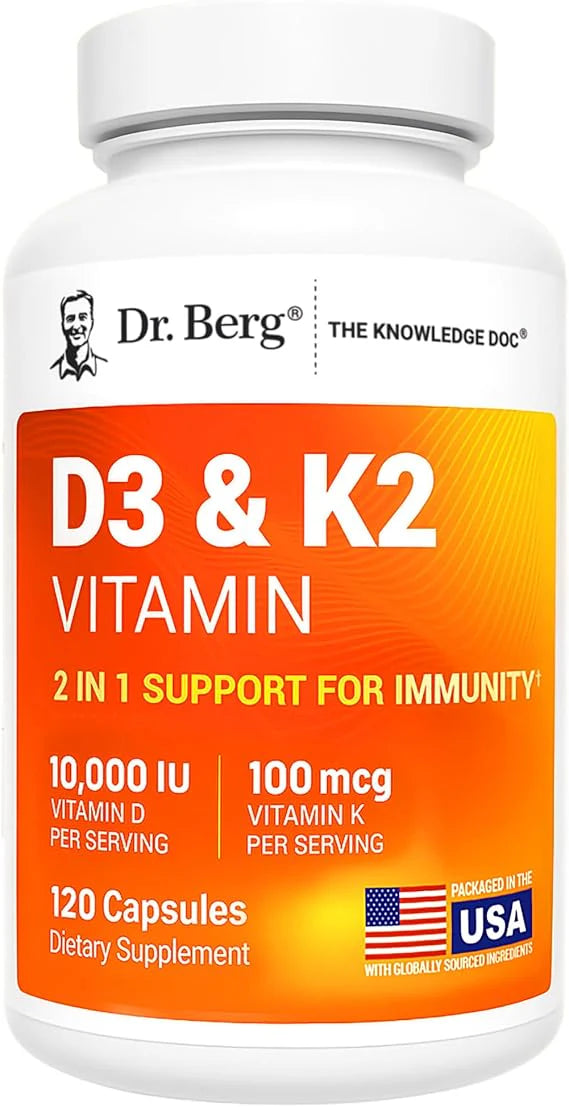 Dr. Berg D3 & K2 Vitamin supplement bottle on a white background
