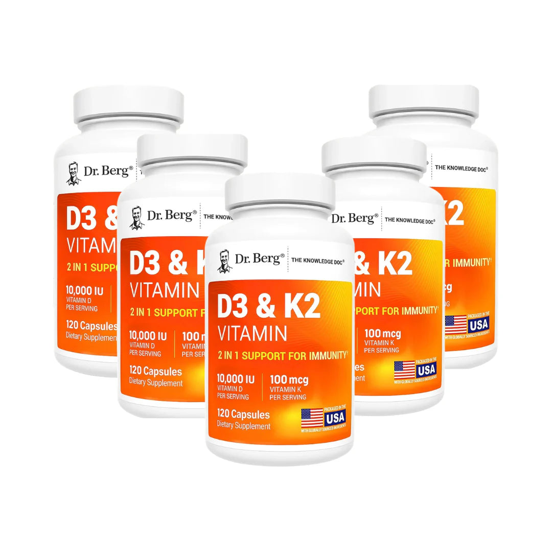 Dr. Berg's D3 & K2 vitamin supplement bottles on a white background