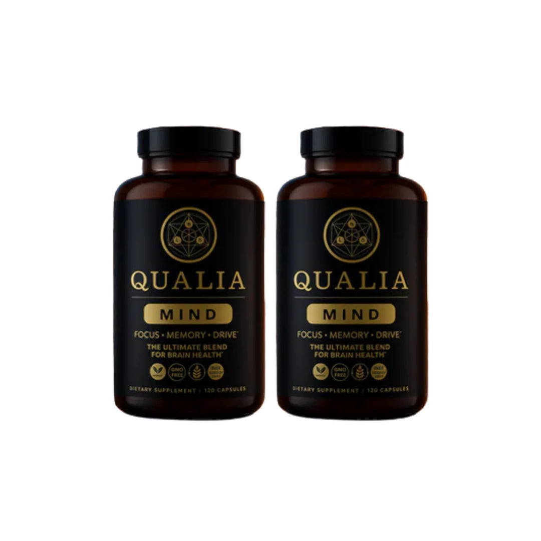 Two bottles of Qualia Mind supplements on a white background