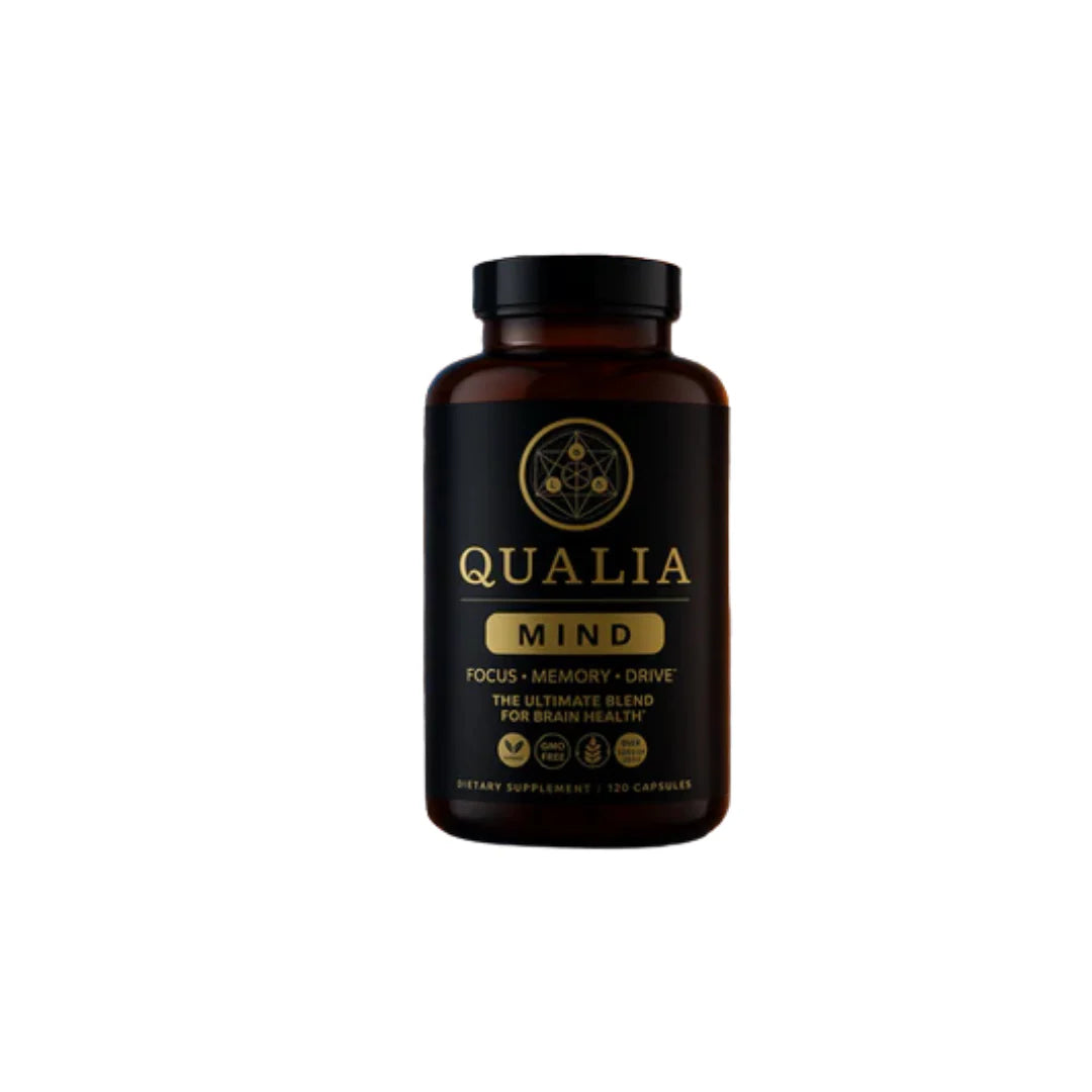 Brown supplement bottle labeled 'Qualia Mind' on a white background