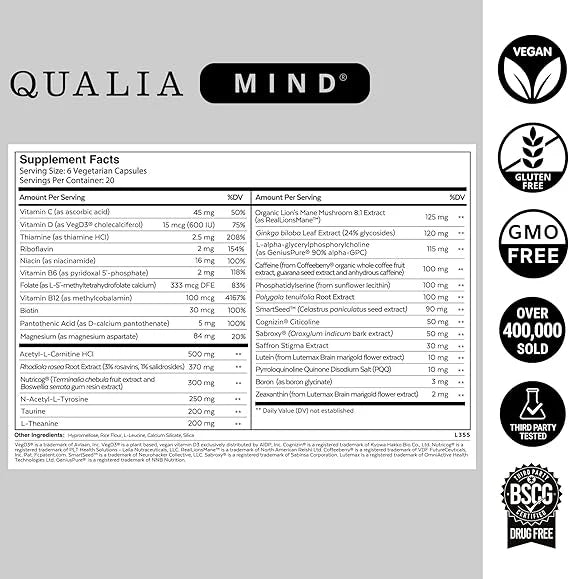 Supplement label for Qualia Mind with various certification logos on a gray background
