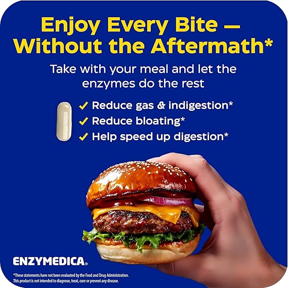 Hand holding a burger with Enzymedica product and text about digestion benefits on a blue background