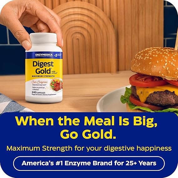 Enzymedica Digest Gold supplement bottle with a burger on a wooden table