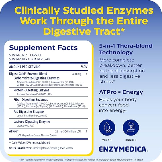 Supplement label for Enzymedica digestive enzymes with text about clinical studies and technology.