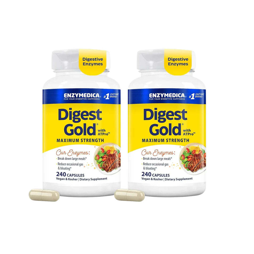 Two bottles of Enzymedica Digest Gold with Lypo-Spheric Maximum Strength on a white background