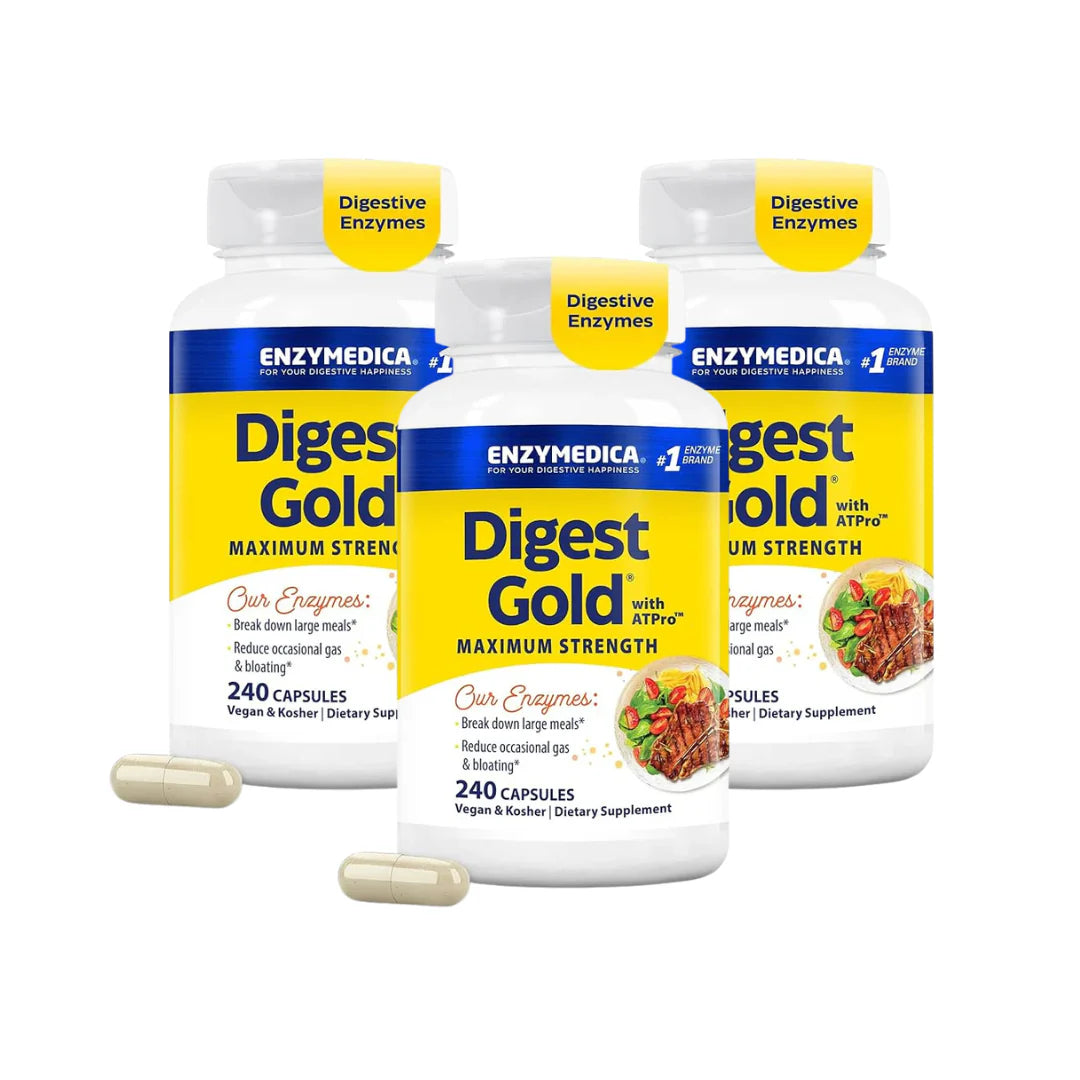 Three bottles of Enzymedica Digest Gold Maximum Strength on a white background