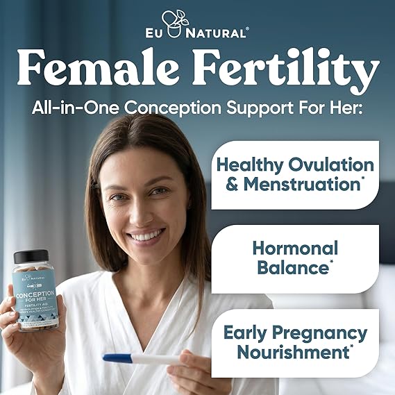 Woman holding a supplement bottle and pregnancy test, with EU Natural Female Fertility product branding.