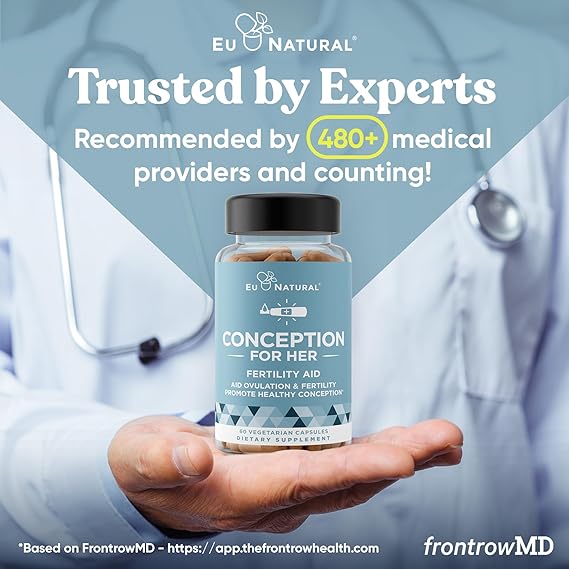 Bottle of 'Conception for Her' fertility aid held by a person with medical professionals in the background, featuring EU Natural branding.