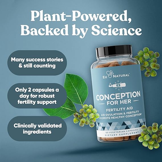 Supplement bottle labeled 'Conception for Her' with plant imagery on a blue background