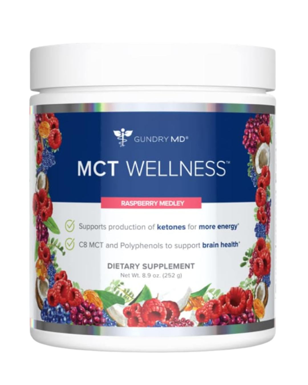 Gundry MD MCT Wellness dietary supplement container with colorful label on a white background