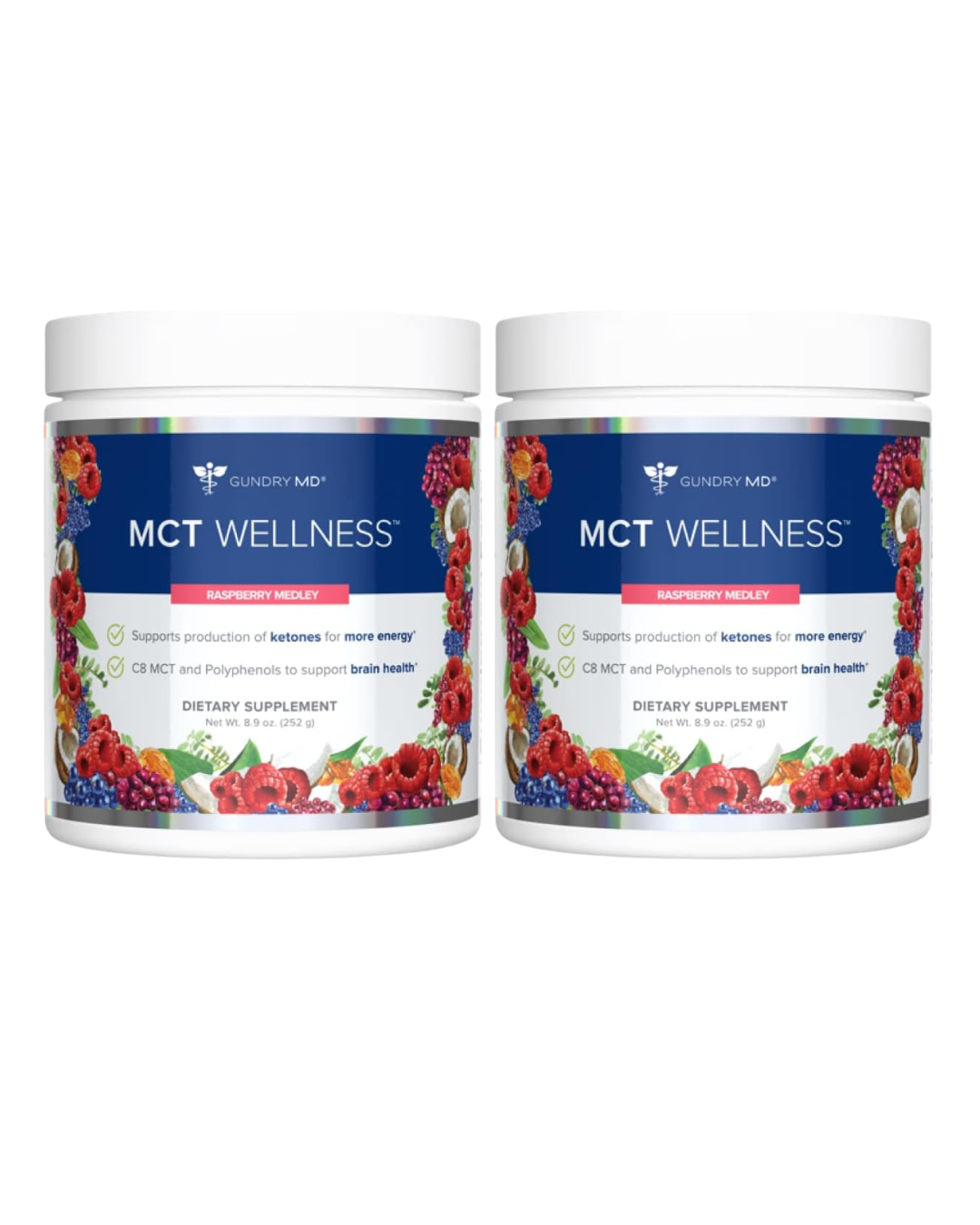 Two containers of MCT Wellness dietary supplement on a white background