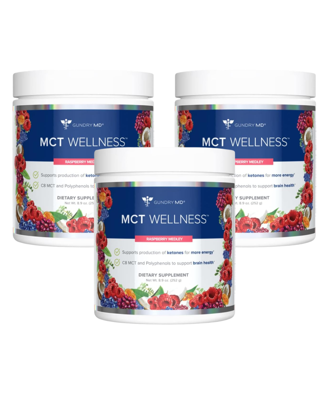 Four containers of MCT Wellness dietary supplements on a white background