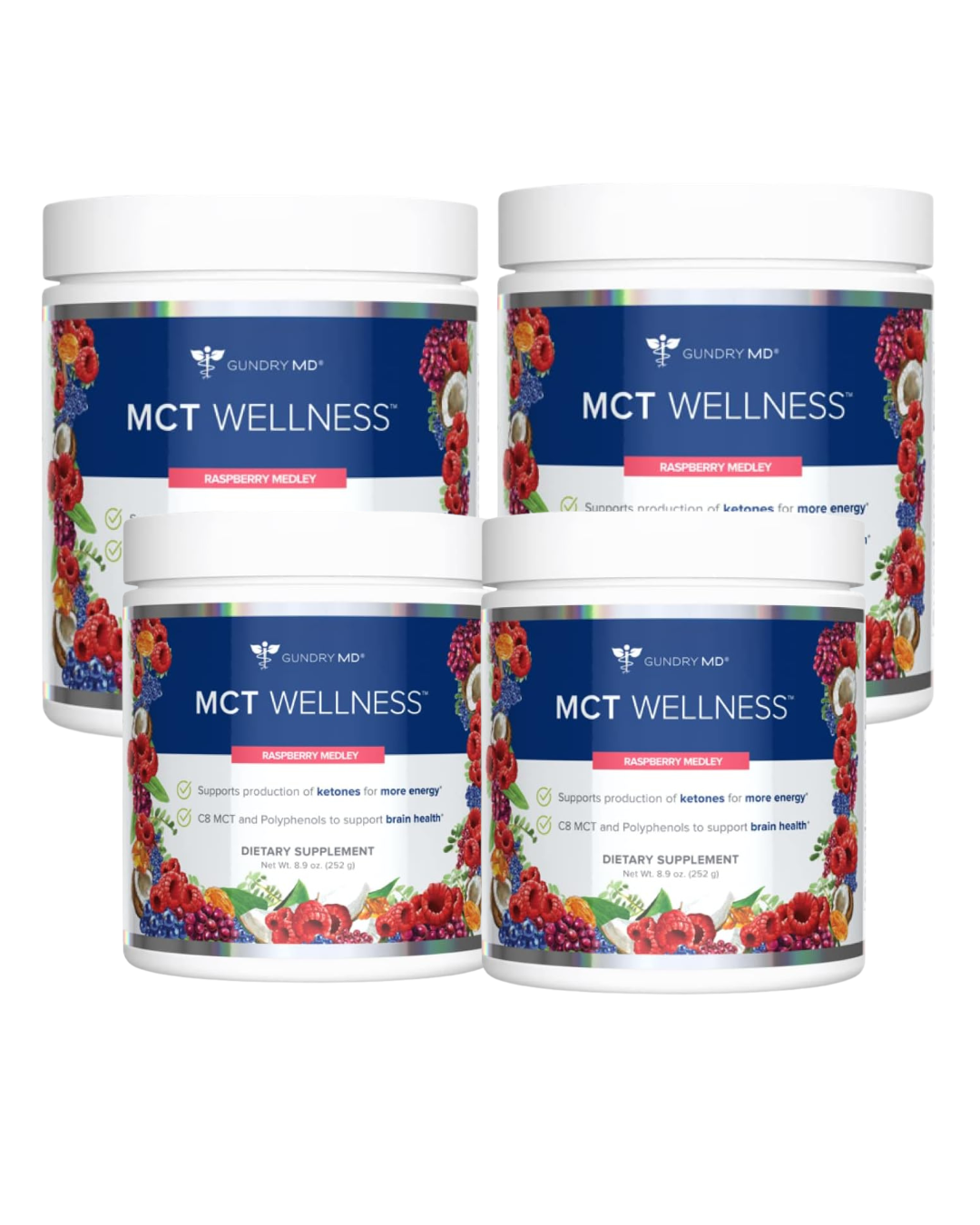 Four containers of MCT Wellness supplement by Sundown Naturals on a white background