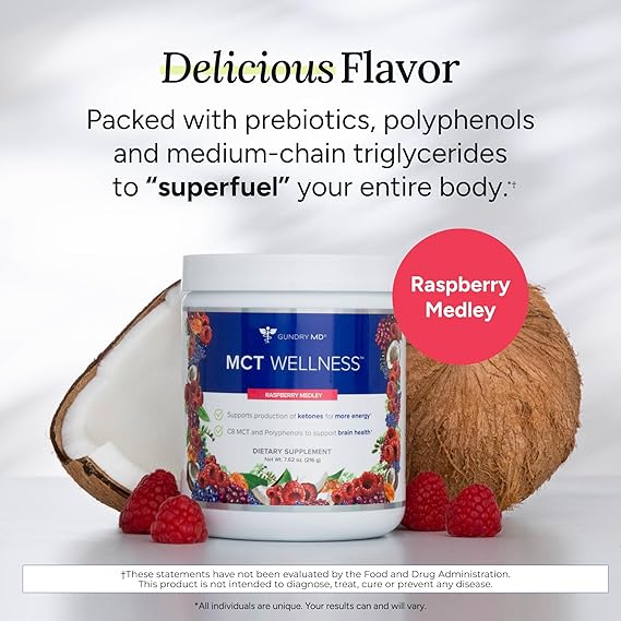 MCT Wellness supplement container with raspberries and a coconut on a light background