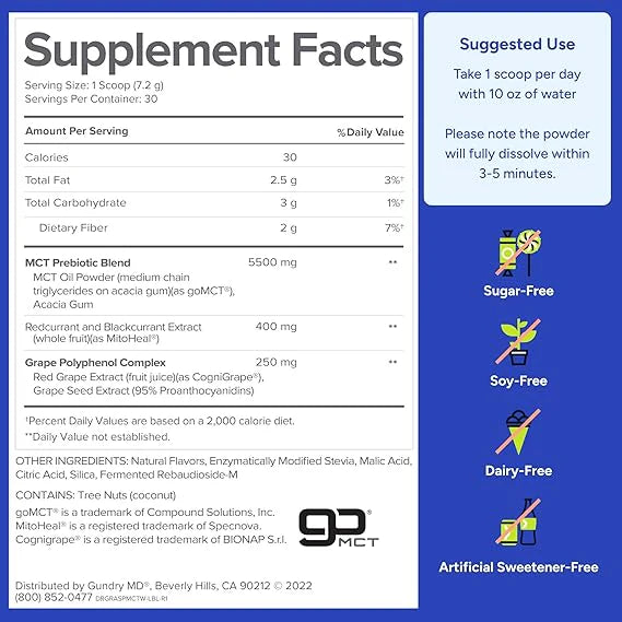 Supplement facts label with MCT Probiotic Blend on a white background