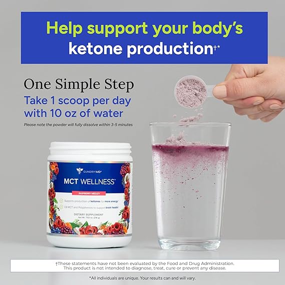 MCT Wellness supplement being added to a glass of water with text about supporting ketone production.