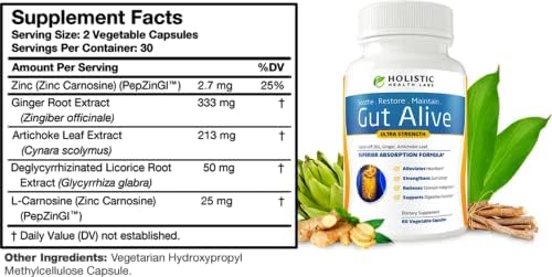 Supplement bottle labeled 'Gut Alive' with its label and ingredients listed on the left.
