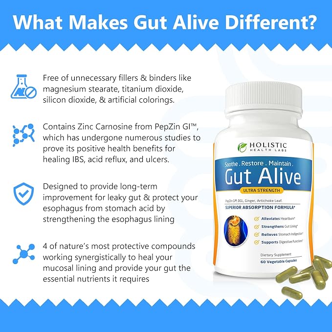 Holistic Health Labs Gut Alive supplement bottle with product details on a blue and white background