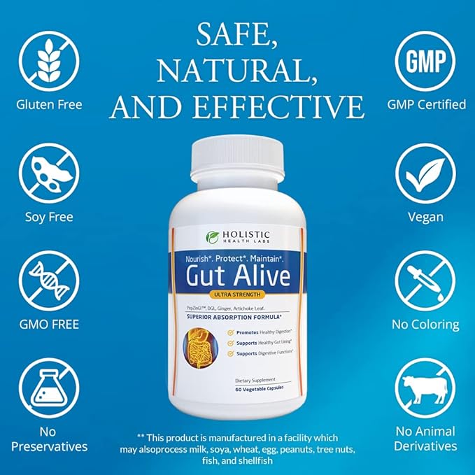 Holistic Health Labs Gut Alive supplement bottle with certification icons on a blue background
