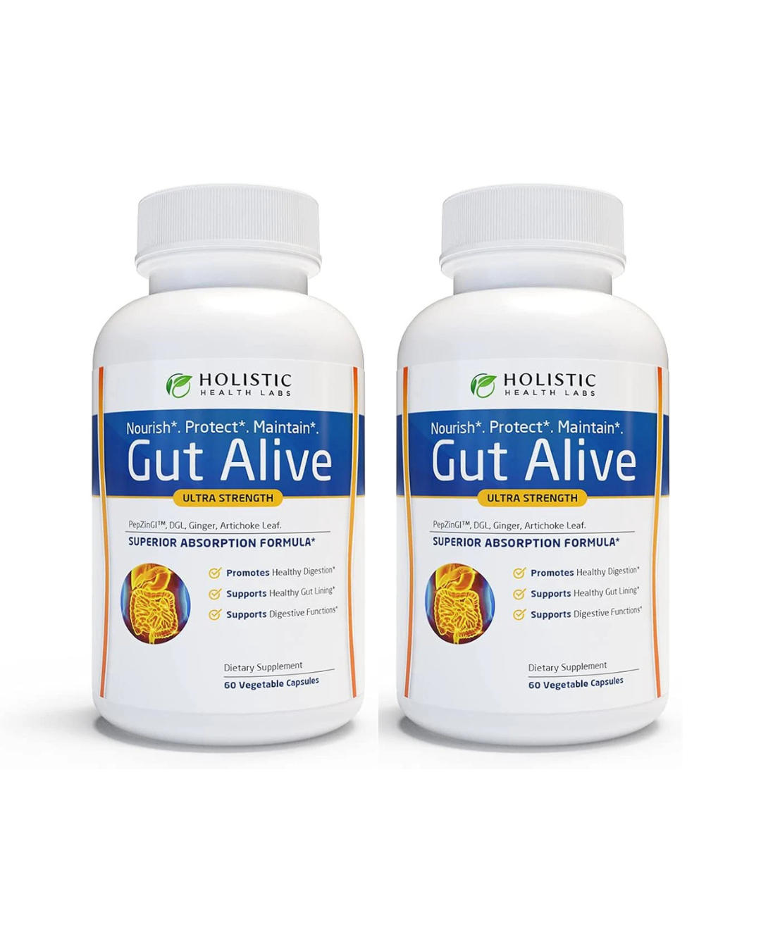 Two bottles of Holistic Health Care Gut Alive supplement on a white background