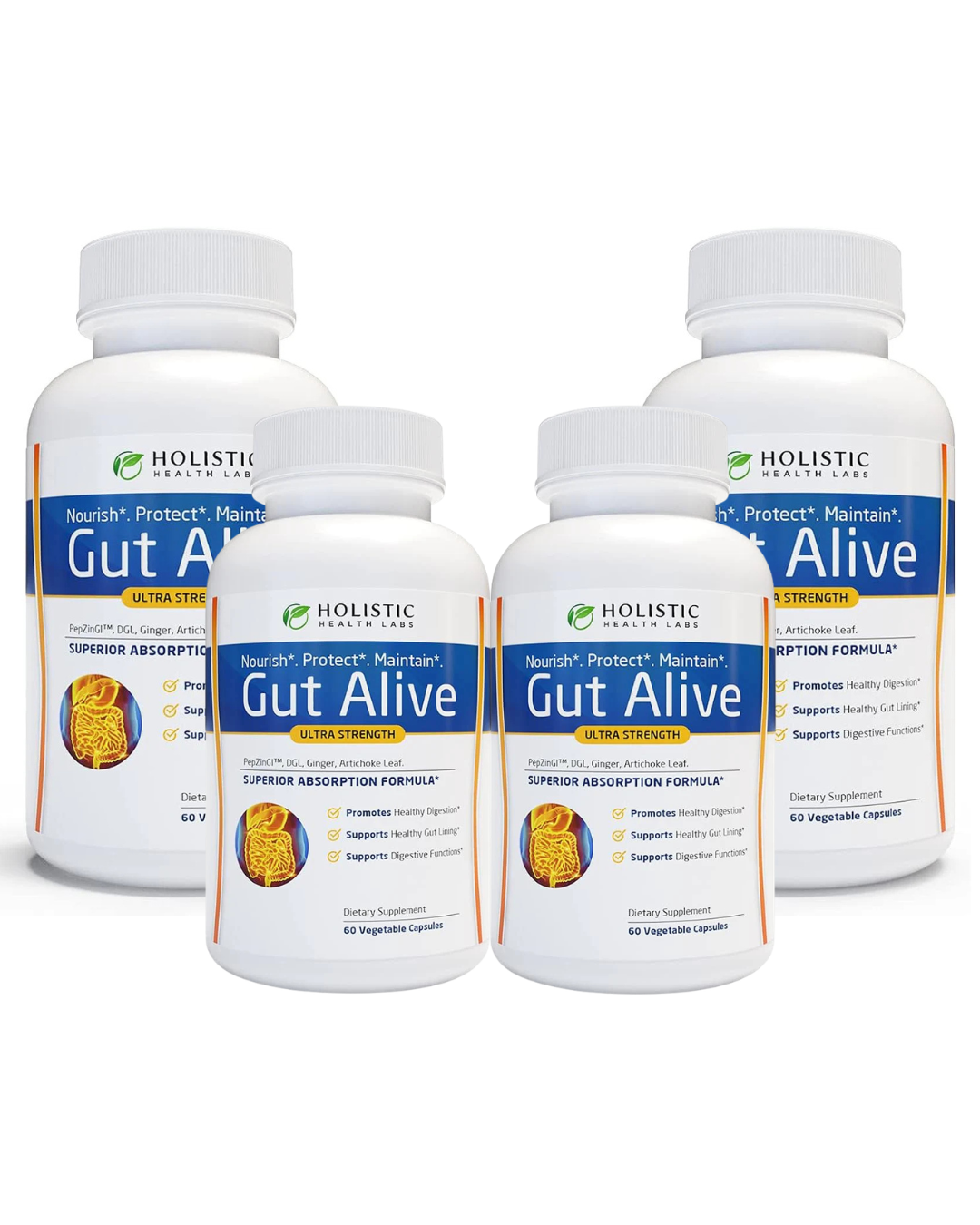 Four bottles of Holistic Health Labs Gut Alive supplement on a white background