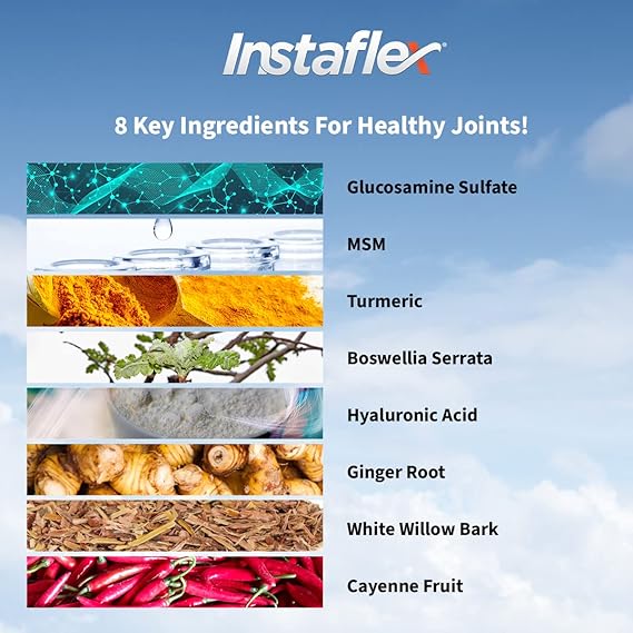Advertisement for Instaflex showing 8 key ingredients for healthy joints with corresponding images and names.